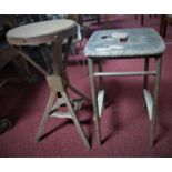 A vintage stool, H.55 W.32 D.32cm, together with an Industrial stool, H.62cm Diameter 31cm