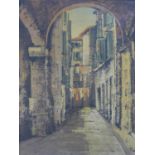 A mid 20th century oil on canvas depicting Continental street scene. H.52 W.40cm