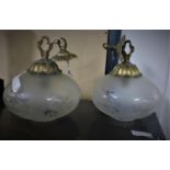 Two 20th century bowl ceiling lights, brass and glass, each 23 cm diameter
