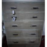 A distressed grey painted chest of five drawers, on pedestal base, H.103 W.77 D.46cm