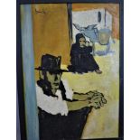 An oil on panel of two figures sitting in the street with donkey to background, oil on panel, signed