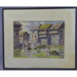 An Indian watercolour of figures in boats with houses to background, watercolour, signed Duwalli (?)