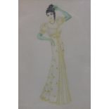 A 20th century Fashion drawing of a lady in a gown dress, pen and gouache on paper, 30 x 19 cm