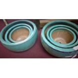 Two sets of three teal glazed planters, H.23cm Diameter 42cm (largest) (6)