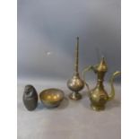 A collection of Egyptian objects comprising a brass rose water sprinkler, an ewer and bowl, 20th