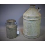 A vintage metal container, H.53cm, together with a vintage metal milk pail, H.29cm