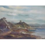 19th century school, View of a cottage by the sea with ruined castle to background, oil on canvas,
