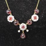 A necklace set with cabochon and square-cut garnets, seed pearls and diamonds, boxed