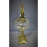 A brass column table lamp, decorated with tied ribbons and floral swags, with cut glass bowl, no