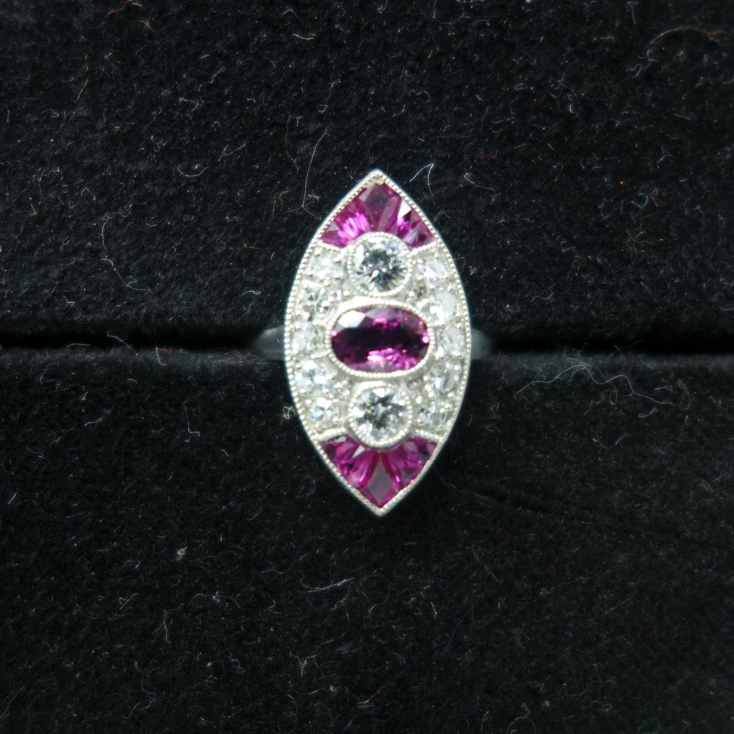 A platinum marquise-shaped ruby and diamond Victorian style ring, size N 1/2