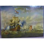 A maritime oil on canvas of Dutch ships heading out to sea, 90 x 120cm