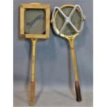 A couple of vintage wooden squash racket, branded The Whippet and Dunlop