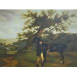 Colin Muirhead, Horse and rider beneath an oak in an British landscape, oil on canvas, in gilt frame