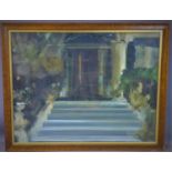 20th century British school, The garden entrance, oil on canvas, initialed 'JR', framed and