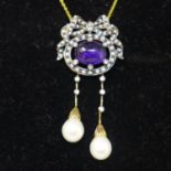 A necklace in a bow style set with a cabochon amethyst, seed pearls, diamonds and pearls, boxed