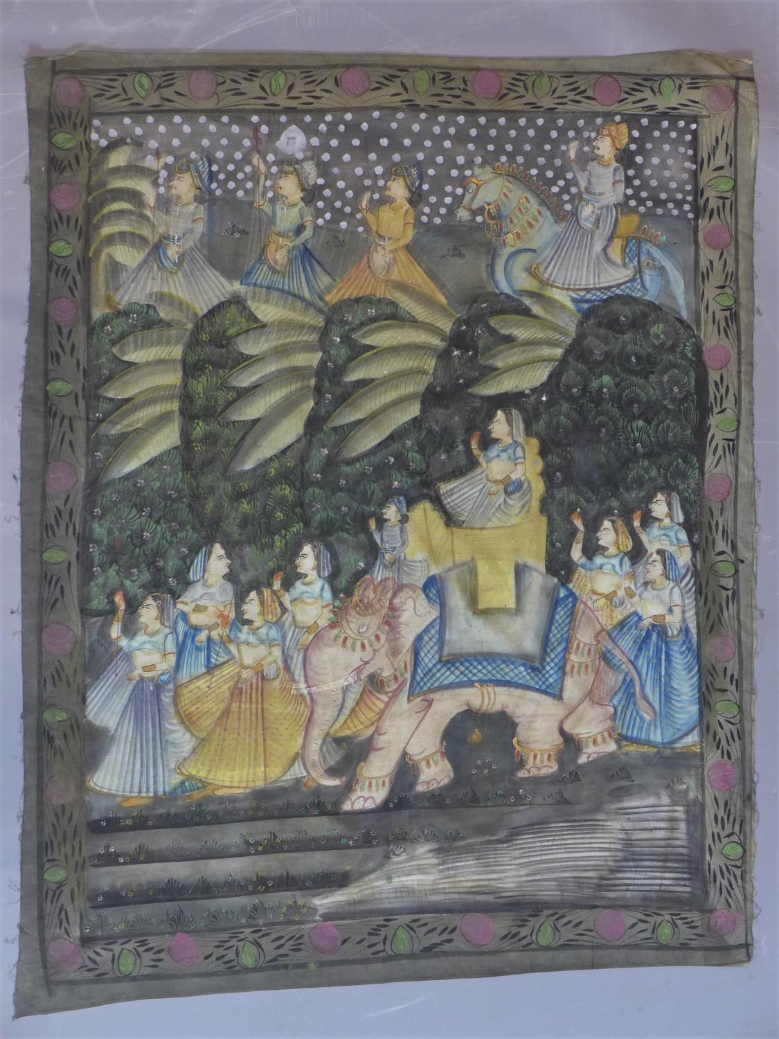 A large early to mid 20th century Indian wall hanging, painted on fine cotton in natural pigment