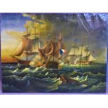 A maritime oil on canvas of a naval battle between French and British ships, 90 x 120cm