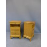 A pair of Stag teak bedside chests, with brush slid above a shelf and two short drawers, on