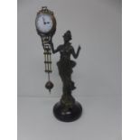 Early 20th century spelter figural mystery clock, Classical style maiden holding the circular Arabic