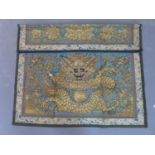 Blue ground gold thread embroidered textile with a dragon and the pearl of flames, Chinese 19th