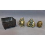 Three Chinese fat Buddha bronze figurines with tray, 20th century