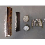 Two silver mounted combs, together silver open face pocket watch by C.Pees marked 935, and silver