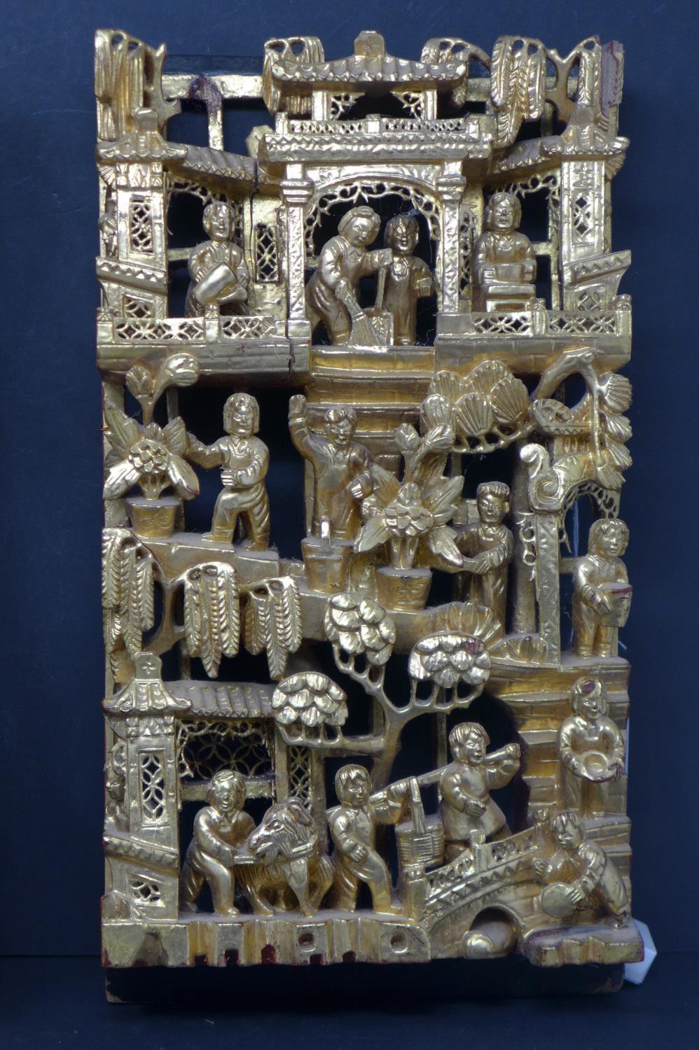 A pair of Asian pierced wall hanging panels, carved with figures and houses, H.32 W.18cm (2) - Image 2 of 4