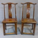 A pair of Chinese Ming elm chairs, with yoke and splat back, solid seat, the front legs with