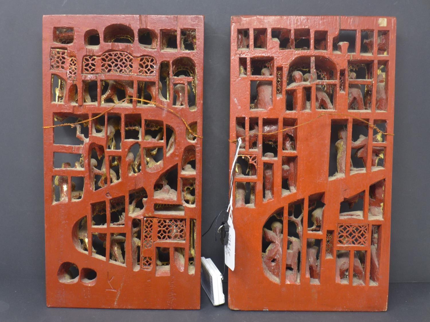 A pair of Asian pierced wall hanging panels, carved with figures and houses, H.32 W.18cm (2) - Image 4 of 4