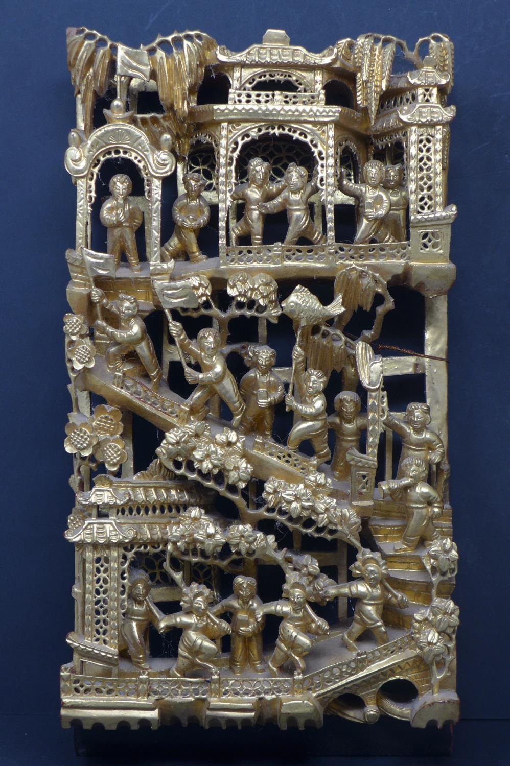 A pair of Asian pierced wall hanging panels, carved with figures and houses, H.32 W.18cm (2) - Image 3 of 4