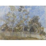 In the manner of George Haynes, an Austrailian landscape scene with trees by a fence, oil on canvas