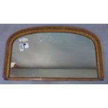 An inlaid walnut overmantle mirror with original plate, missing feet, 57 x 97cm