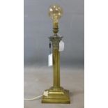 A brass Corinthian column table lamp, on stepped square base, H.40cm, no shade