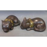 Two Chinese bronze sleeping cats, 20th century