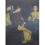 20th century painting of three female musicians in traditional costumes, oil on canvas, framed, 85