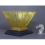 An Art Deco amber vase with black glass base together with a Lalique signed fish figurine