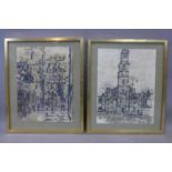 Talbot Hicks, two pen, ink and gouache drawings, to include a view of a church, 37 x 28cm,