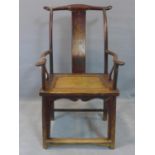 A Chinese chair with yoke and splat back, solid seat, the front legs with stretcher foot rest, H.112