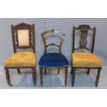 Caramel coloured Victorian dining chair, together with Blue Georgian dining chair, Edwardian