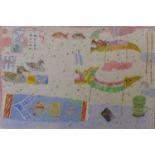 Isabel Ward (20th century school), Chinese symbols including fish, ducks, dragon, and puppets,