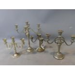Two 20th century five branch and two three branch candelabra