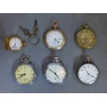 A collection of various silver and white metal and brass cased male pocket watches, set with white