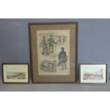 Three 19th century prints representing hunting scenes, engraving, framed and glazed, various size,