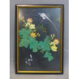 Contemporary Chinese painting on silk representing a parrot and flowers, framed and glazed, 49 x