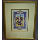 A Persian illumination on vellum depicting a hunting scene, within a floral border, framed and