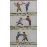 An 18th century French hand coloured engraving of gentlemen fencing, titled 'Escrime', bearing '