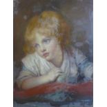 A 19th century French oil on canvas of a child holding an apple, framed and glazed, 44 x 34cm,