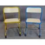 Two vintage French school chairs, one blue and one yellow, H.62cm