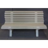 A white plastic garden bench, H.77 W.150 D.80cm