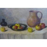 Leo Krijnen (Dutch, 1865-1953), Still life of fruit, a bowl, a jug and a vase on a table, oil on